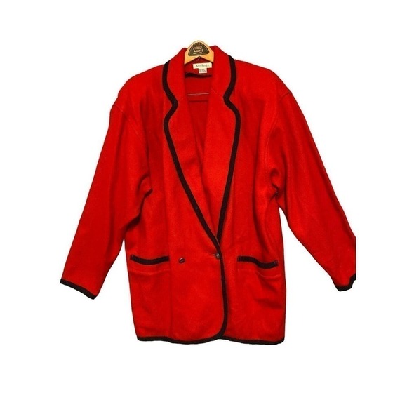 Vintage Liz Claiborne 1990’s Red Wool Coat with Black Piping Size Large. - Picture 1 of 11